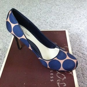 Navy and tan satin polka dot heel pinup career pumps